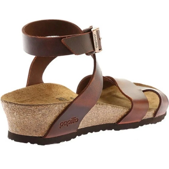 Papillio By BIRKENSTOCK Lola Leather Wedge Sandal Women EU 38 Cognac Brown - Picture 5 of 16